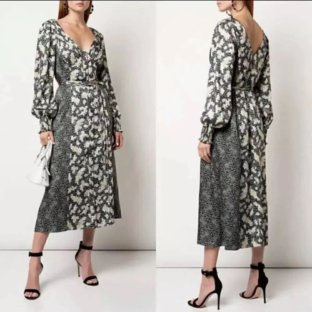 NWT CINQ A SEPT Resort Jessica Long Sleeve Floral Dress in Black Size 4